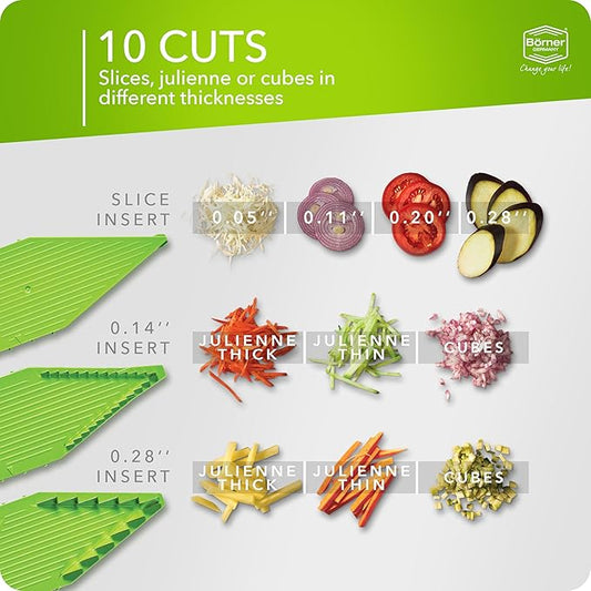 Mandoline Food Slicer Börner V5 (Profi Set) by Reston Lloyd • V-Slicer with 4 Inserts, Docking Station & Food Holder • Made in Germany • Fruit & Vegetable Chopper • Multiple Settings • Color: Lime