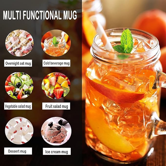 Mason Jar Cups, Mason Jars With Handle And Lids, Drinking Glasses Cups, Glass Mugs with Handles 16 oz –12 Pack