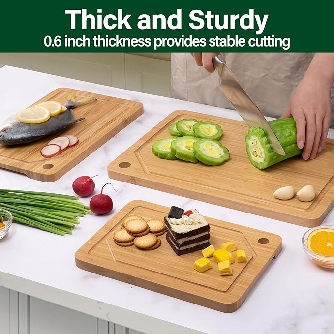 Bamboo Cutting Board Set of 3, Cutting Boards For Kitchen with Juice Groove, Bamboo Chopping Board Set, Serving Board Set for Meat, Vegetable and Cheese