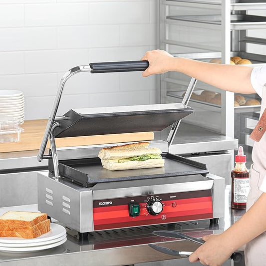 EGGKITPO Commercial Electric Panini Grill with Flat Plates Stainless Steel Sandwich Maker 14"× 9.5" Cast Iron Enamel Plate Countertop Panini Press with Temperature Control for Business 110V 1700W