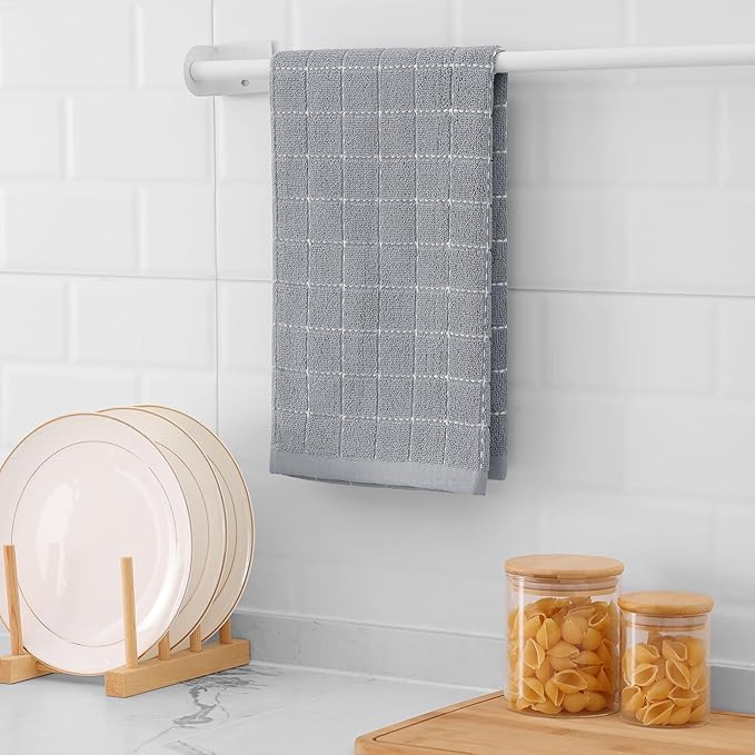 Mordimy 100% Cotton Terry Cloth Kitchen Towels, Super Soft and Absorbent Dish Towels for Drying, Checkered Designed Hand Towels for Kitchen, 16 x 26 Inches, 6 Pack, Light Grey