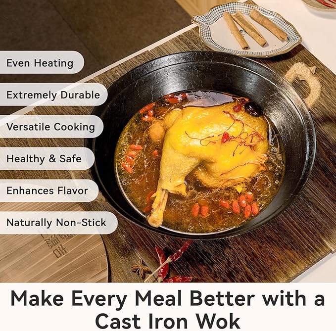 WANGYUANJI Cast Iron Wok Pan,13.4 inch Cooking Wok Stir Fry Pan with Dual Handle and Wooden Lid,Suitable for All Cooktops,Uncoated Chinese Traditional wok