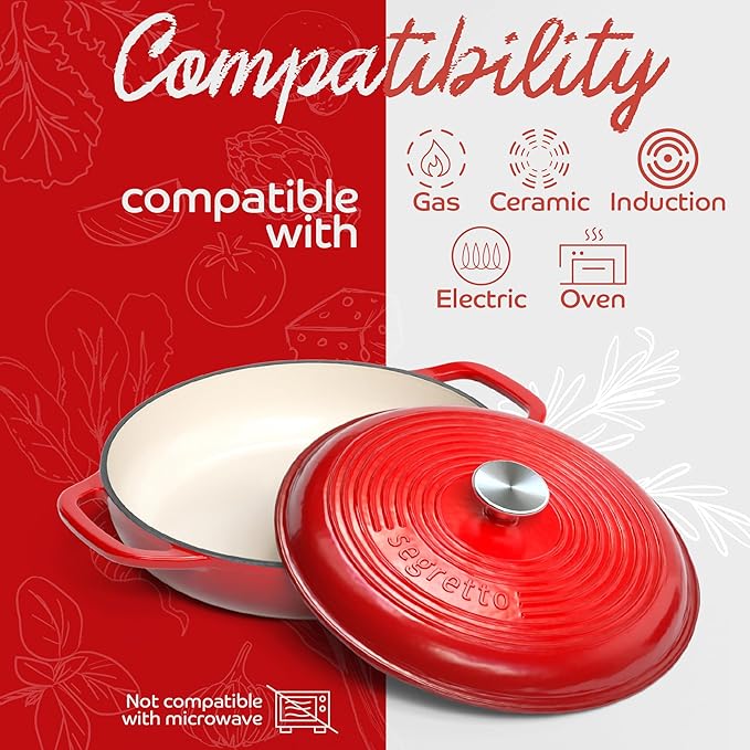 Segretto Cookware Enameled Cast Iron Braiser, 3.6 Quarts, 30cm, Red