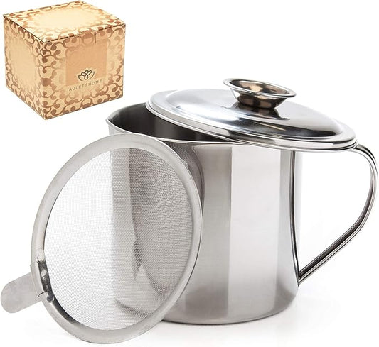 Aulett Home Bacon Fat Container with Oil Strainer - 40 oz Stainless Steel Grease Separator for Kitchen - Oil Separator for Cooking, Storing Fats, Drippings - Grease Keeper for Bacon Fat - 4.5x4.9-Inch