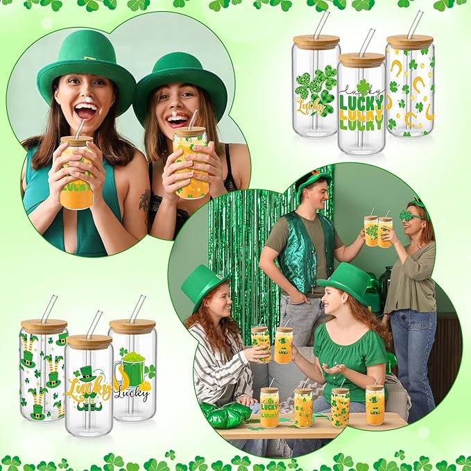 6 Pcs St Patrick's Day Glass Cups Shamrock Tumbler with Bamboo Lids and Straws 16 oz Irish Lucky Clover Reusable Can Shaped Drinking Glasses Bulk for St Patrick's Day Party Supplies