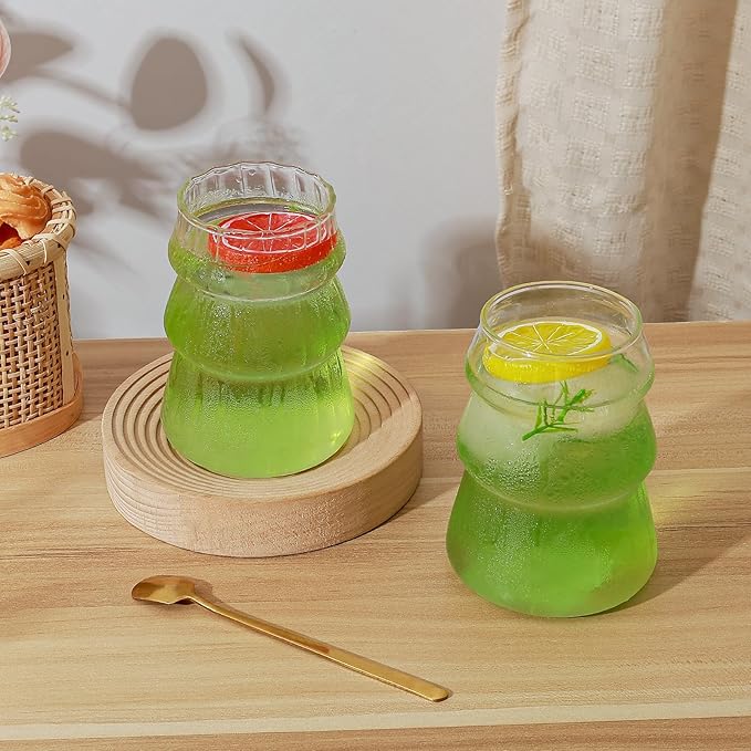 Koythin 2-Piece Ribbed Glass Cups, Vintage Drinking Glassware for Iced Coffee Juice Cocktails Milk Tea Beer, 16 oz/450 ml Cute Bubble Cup (Trees)