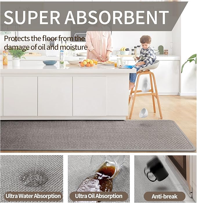Non Slip Kitchen Rugs, Oil and Water Absorbent Runner Rugs for Kitchen, Kitchen Mat in Front of Sink,17x47 Gray Kitchen Mat,Non-Slip and Durable Kitchen Mats for Floor