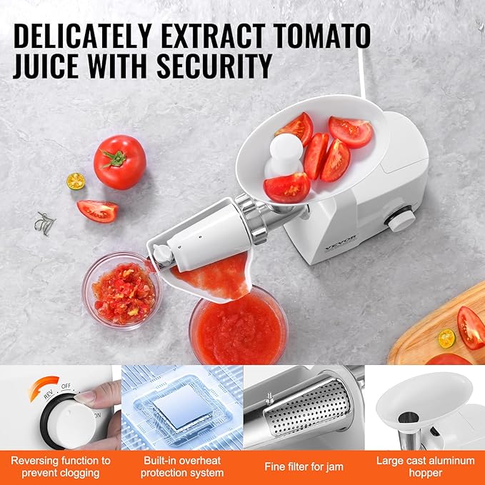 VEVOR Electric Tomato Strainer, 300W Tomato Sauce Maker Machine, 4 LBS/Min Food Strainer and Sauce Maker, Pure Copper Motor Food Mill with Reverse Function for Tomato Strawberry Blueberry Sauce