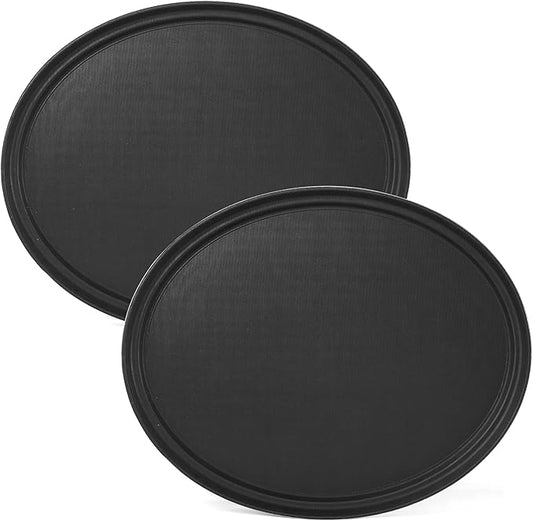 CURTA 2-Pack Restaurant Grade Non-Slip Tray, NSF, Oval 19-Inch x 23-Inch, Plastic Rubber Lined Round Serving Tray, Black