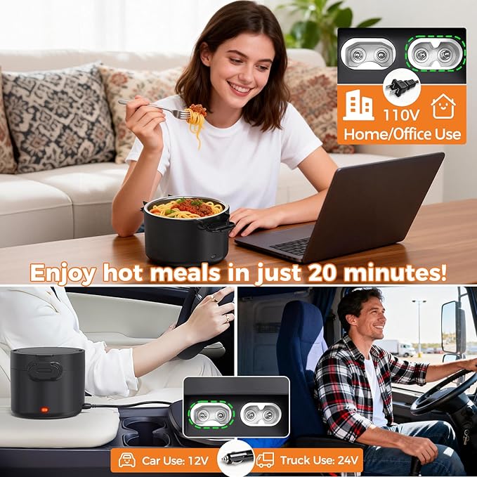 Electric Lunch Box, 33OZ Portable Food Warmer | 100W Rapid Heating & Leak-Proof 304 Stainless Steel | 3-in-1(Car 12V/24V & Home 110V) | Perfect for Work/Travel,On-the-Go,Ideal Gift for Men & Women