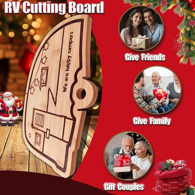 Happy Camper Bamboo Cutting Board,Retro RV Engraved Camping Cutting Board, Camper Decor RV Gift for Couple,Camping,Housewarming&Party