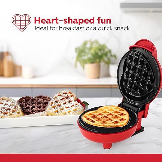 Holstein Housewares Personal Non-Stick Heart Waffle Maker, Red - 4-inch Waffles in Minutes, Mini Heart Ideal for Breakfast, Brunch, Lunch or Snacks