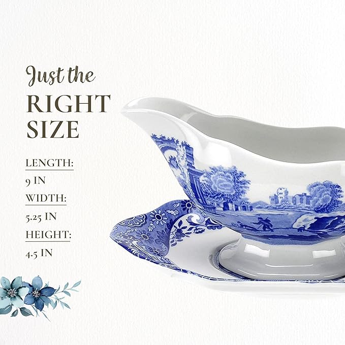 Spode Blue Italian 9 Oz Gravy Boat and Saucer, Earthenware Sauce Boat with Large Handle, Classic Countryside Design, Perfect for Gravy, Sauces, Salad Dressings, Dishwasher & Microwave Safe