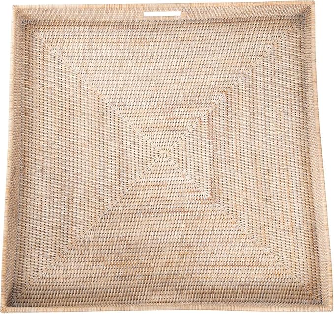 KOUBOO La Jolla Rattan Tray, Square Woven Tray - Decorative Coffee Table, Breakfast Tray, Home Decor, Serving & Basket Style, Extra Large, White-Wash