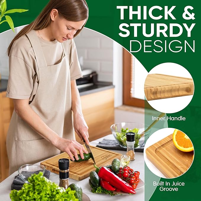 Fuller's Bamboo Cutting Board - 12” x 9” Wooden Chopping Board for Kitchen - Durable, Knife-Friendly, Easy to Clean - With Juice Groove & Side Handles for Food Prep & Serving