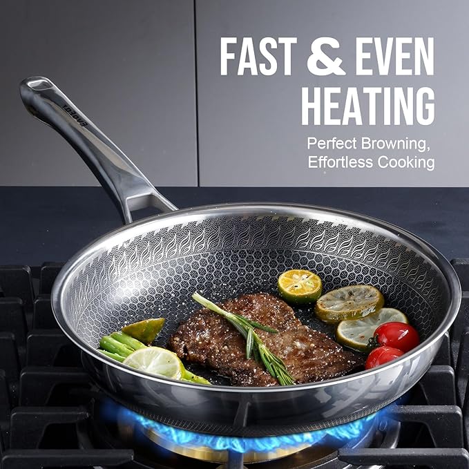 12 Inch Hybrid Nonstick Frying Pan, Stainless Steel Pan Non Stick Skillet, PFOA Free Cookware, Non Toxic Chef's Pan, Compatible with Electric, Gas and Induction, with Lid