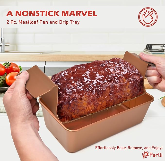 PERLLI Meat Loaf Pan with Drip Tray – 2 Pc. 9.8 x 5.7 In. Copper Nonstick Meatloaf Pan with Drain Tray – Large BPA-Free Oven Loaf Pan for Baking, Bread, Cakes, Roasting Meat, & More