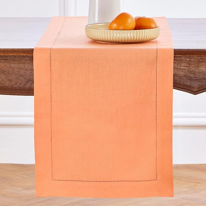 Solino Home Linen Coral Table Runner 120 Inches Long - 100% Pure Linen Hemstitch 14 x 120 Inch Table Runner for Dining, Valentines, Spring, Easter - Classic Hemstitch