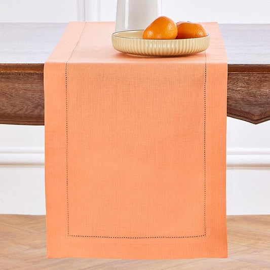 Solino Home Linen Coral Table Runner 120 Inches Long - 100% Pure Linen Hemstitch 14 x 120 Inch Table Runner for Dining, Valentines, Spring, Easter - Classic Hemstitch
