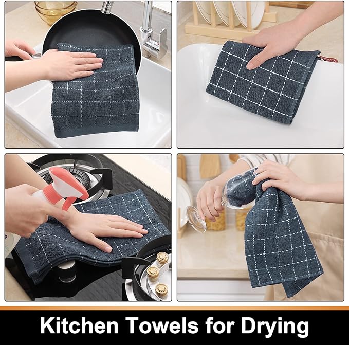 Mordimy 100% Cotton Terry Cloth Dish Cloths, Soft and Absorbent Checkered Dish Towels, Quick Drying Dish Rags for Washing Dishes, 6 Pack, 12 x 12 Inches, Grey