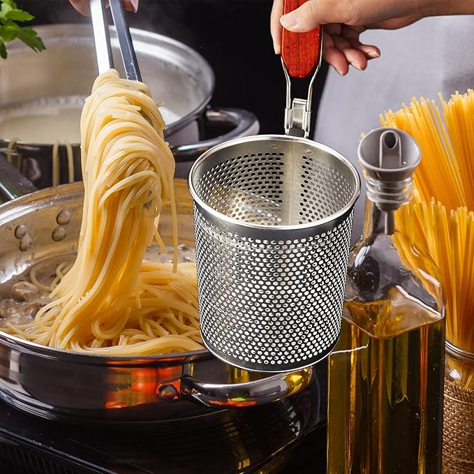 Tessco for you 6 Pcs Stainless Steel Pasta Basket with Wood Handle Pasta Strainer Kitchen Mesh Spider Noodle Strainer Skimmer Food Dumpling Noodle Blanching Basket(4.7 Inch,Red Brown)