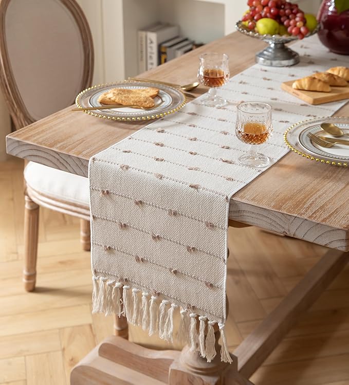 Caflife Boho Table Runner 90 Inchs Long for Modern Farmhouse Room Home Decor, Taupe and Beige Coffee Table Runner, Natural Cotton Woven with Tassels Neutral, for Kitchen Dining Table Decor