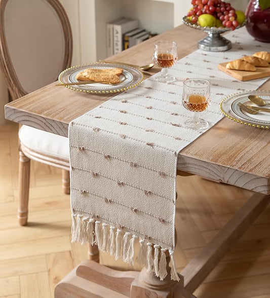 Caflife Boho Table Runner 90 Inchs Long for Modern Farmhouse Room Home Decor, Taupe and Beige Coffee Table Runner, Natural Cotton Woven with Tassels Neutral, for Kitchen Dining Table Decor