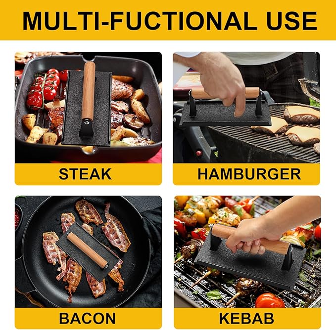 AIVIKI Burger Press, Smash Burger Press for Blackstone Griddle, Heavy Duty Cast Iron Rectangular 8.2x4.2In Bacon Grill Press with Wood Handle, Meat Steak Weight for Sandwich, Paninis (Rectangle)