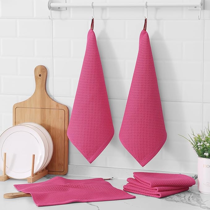 Kitinjoy 100% Cotton Kitchen Dish Cloths (12 X 12 Inches, Hot Pink), 6 Pack Waffle Weave Ultra Soft Absorbent Dish Towels for Drying Dishes Quick Drying Kitchen Towels Dish Rags