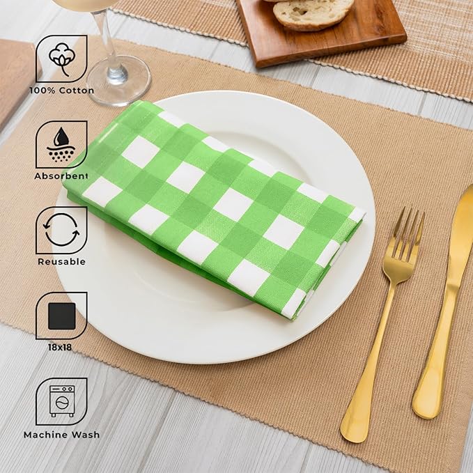 Blue Needles Gingham Buffalo Plaid Cloth Napkins 100% Cotton Set of 12 Dinner Table Napkins 18x18 inch Soft Reusable Washable Perfect for Wedding Parties & Everyday Use - Apple Green & White
