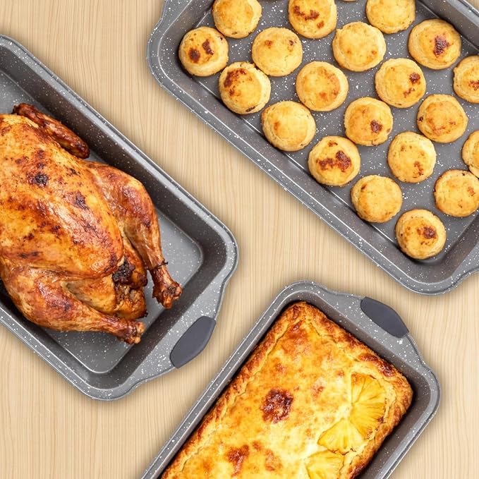 Anveena 3-Piece Nonstick Kitchen Oven Baking Pans - Premium & Stylish Non-Stick Steel, Commercial Grade Restaurant Quality Metal Bakeware with Red Silicone Handles - Easy to Clean gray