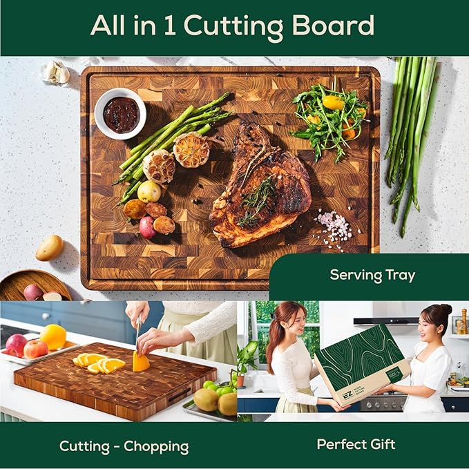 Combo 2 Teak Wood Cutting Board (Extra Large & Medium), End Grain with Juice Groove and Handles, Knife Friendly, Reversible, Suitable for Chopping Meat, Vegetables, Aesthetics for The Kitchen