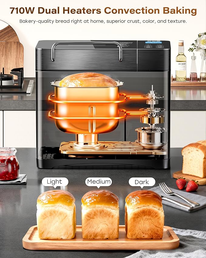 KBS Premium Convection Bread Maker Dual Heater, 17-in-1 Stainless Steel Bread Machine Ceramic Pan, Nut Dispenser,Touch Panel,2lb Loaf 3 Sizes 3 Crust Colors,Gluten-Free,Sourdough,Jam,Yogurt,53 Recipes