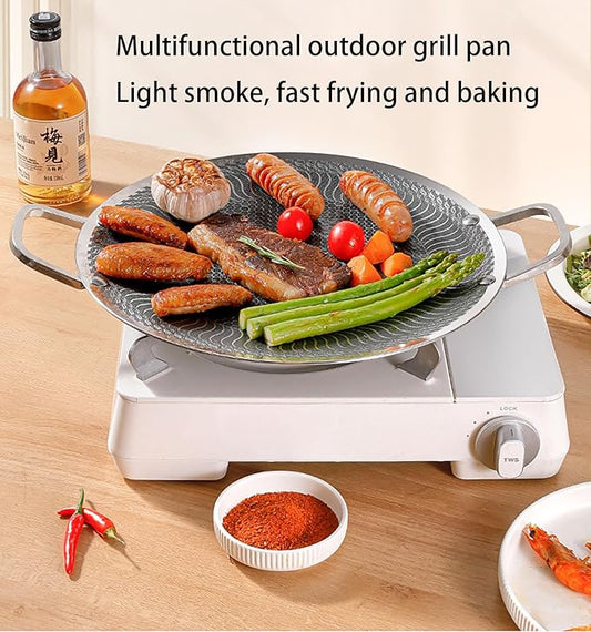 Korean Grill Pan,Nonstick Round Griddle Grill Pan for Korean BBQ Nonstick Round Griddle Grill Pan, Portable Round Cast Stainless Steel Skillet with Handle for Indoor or Outdoor Grilling,13.3 in