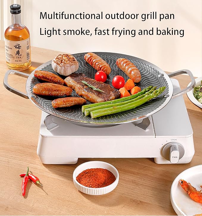 Korean Grill Pan,Nonstick Round Griddle Grill Pan for Korean BBQ Nonstick Round Griddle Grill Pan, Portable Round Cast Stainless Steel Skillet with Handle for Indoor or Outdoor Grilling,14.9 in