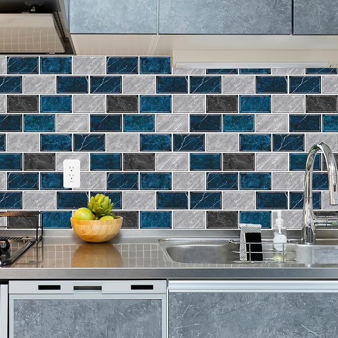 URCOLOR 10-Sheet Backsplash Tile for Kitchen Peel and Stick,12"x12" Self Adhesive Wall Tiles Stick on Back Splashes for Bathroom Blue Marble Look