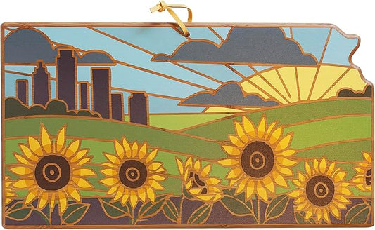 Totally Bamboo Kansas State Shaped Cutting Board and Charcuterie Serving Platter with Artwork by Summer Stokes, Includes Hang Tie for Wall Display