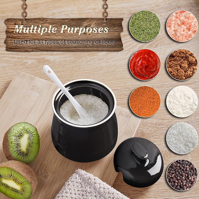 Sugar Bowl with Lid and Spoon, 12 oz Ceramic Sugar Bowl with Spoon, Sugar Container for Coffee Bar, Sugar Jar Sugar Dispenser Bowl, Modern Kitchen Decor, Black