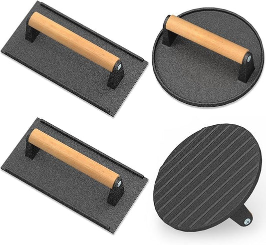 Wildone Smash Burger Press, Round Cast Iron Grill Press Burger Smasher for Griddle, Rectangular Bacon Press Meat Steak Press Sandwich Press with Wood Handle - 4Pcs