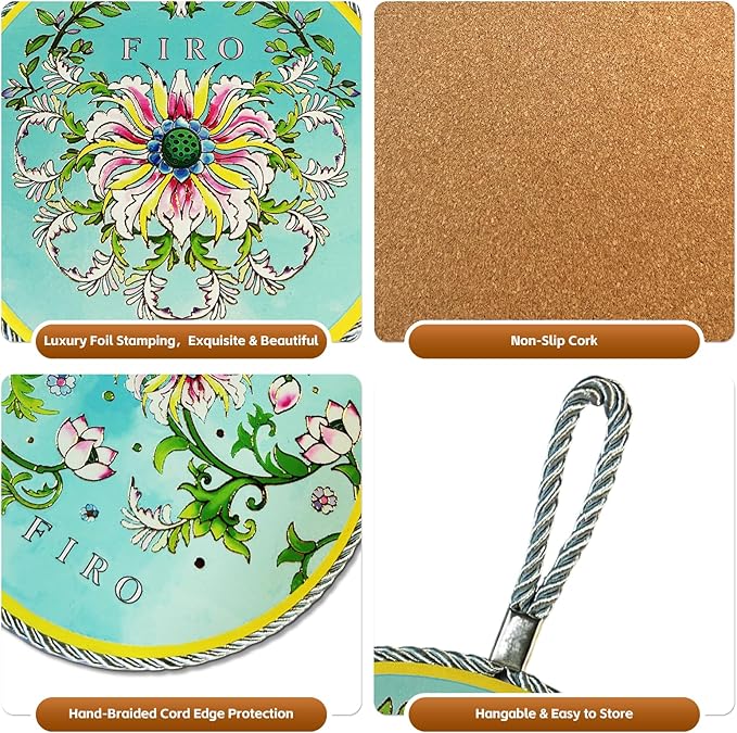 Ceramic Trivets for Hot Dishes,Anti-Slip with Heat Resistant Cork Trivet for Countertops and Tables,Protects Surfaces from Hot Pots,Pans,Cups,Decorative Coasters for Table,Dual-use,Portable Hanging