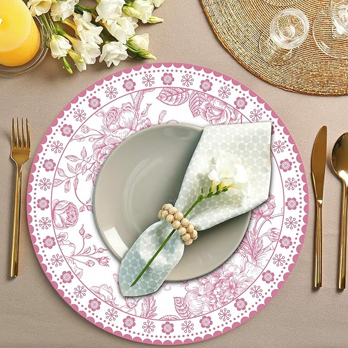 100 Pcs 14 Inch Pink Floral Paper Place Mats Chinoiserie Round Placemats Flower Disposable Decorative Table Mats for Dinner Table Setting Banquet Party Supplies