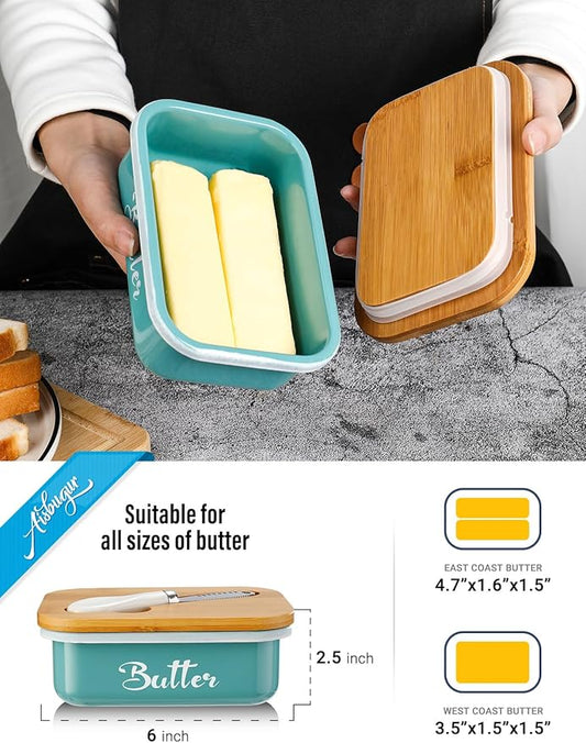 Butter Dish with Lid for Countertop, AISBUGUR Metal Butter Keeper with Stainless Steel Multipurpose Butter Knife, Large Butter Container with Double High-quality Silicone Good Kitchen Gift Green