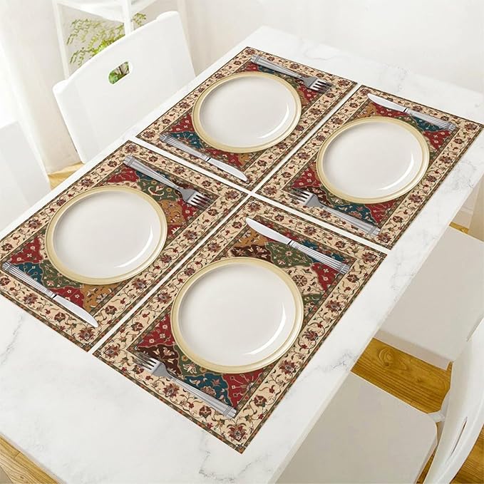 Boho Vintage Ethnic Placemats Set of 4 Rustic Farmhouse Retro Red Floral Art Printed Dining Table Mats for Restaurant Home Kitchen Holiday Picnic Party Decor 12x18in