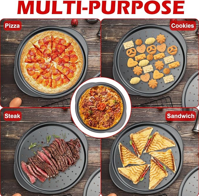 Gymdin Pizza Pan for Oven - 13" Round Pizza Pans with Holes(2 Pack), Non-stick Carbon Steel Pizza Trays with Handle, Easy to Clean & Oven Safe