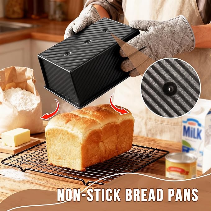 2 Pack Pullman Loaf Pan with Lid, 1 lb Dough Capacity Non-Stick Bakeware for Baking Bread, Carbon Steel Bread Toast Box with Cover, Homemade Sandwich Toast, Black