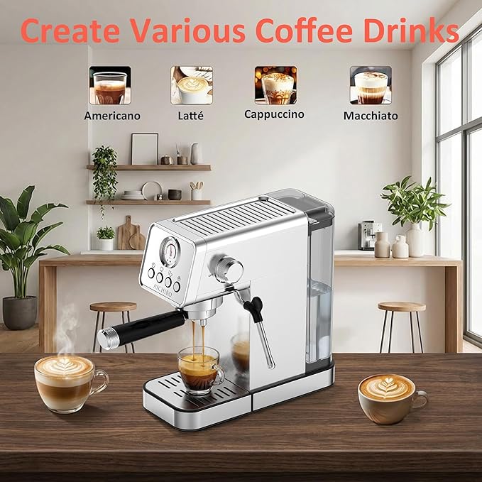 AYCHIRO 20 Bar Espresso Machine, Adjustable Espresso Machine with Milk Frother, Espresso Maker with Removable Water Tank, Compact Size for Home & Office, Cup Warmer for Home Barista