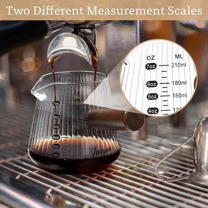 Joeyan 7 oz Espresso Cups, Glass Measuring Cup, Espresso Shot Glass with V-Shaped Mouth and Handle, Clear Origami Style Milk Frothing Pitcher, Espresso Machine Coffee Bar Accessories