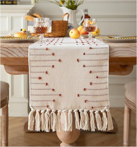 Boho Table Runner 13 x 72 Inch Long Natural Cotton Woven Runner with Tassels for Fall Home Dining Table décor, for Modern Farmhouse Decor Coffee Table Runner, Rust and Beige