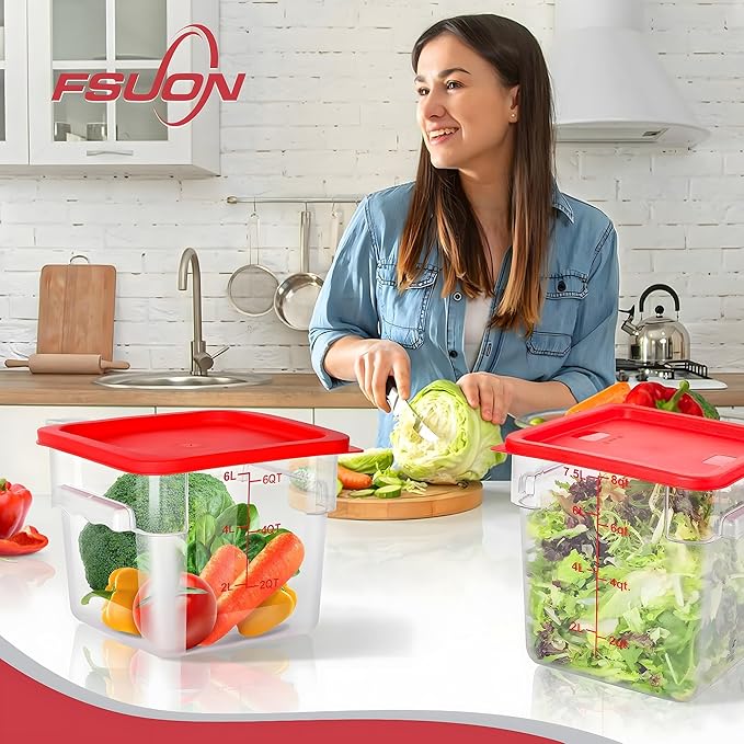 FSUON 4 Pack Clear Food Storage Containers with Lids and Handles Polycarbonate Square Commercial Food Containers, NSF (6Qt)