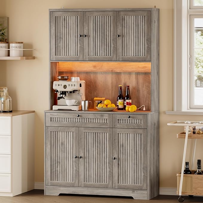 Pantry Cabinet with Charging Station and Light, Tall Kitchen Pantry Storage Cabinet with Microwave Stand, Wide Fluted Kitchen Hutch with Storage Drawers and Adjustable Shelves for Dining Room